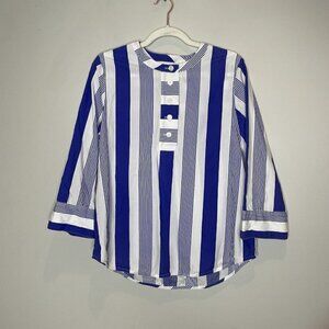 J Crew Button Front Cotton Poplin Tunic Popover Blouse Blue White Stripe Size S